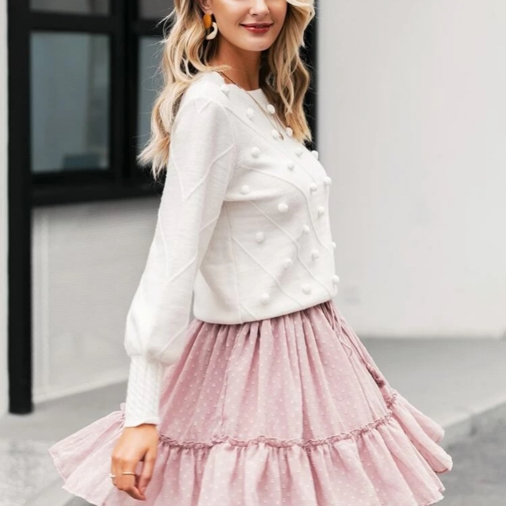 Simplee Solid Bishop Sleeve Pompom Detail Sweater